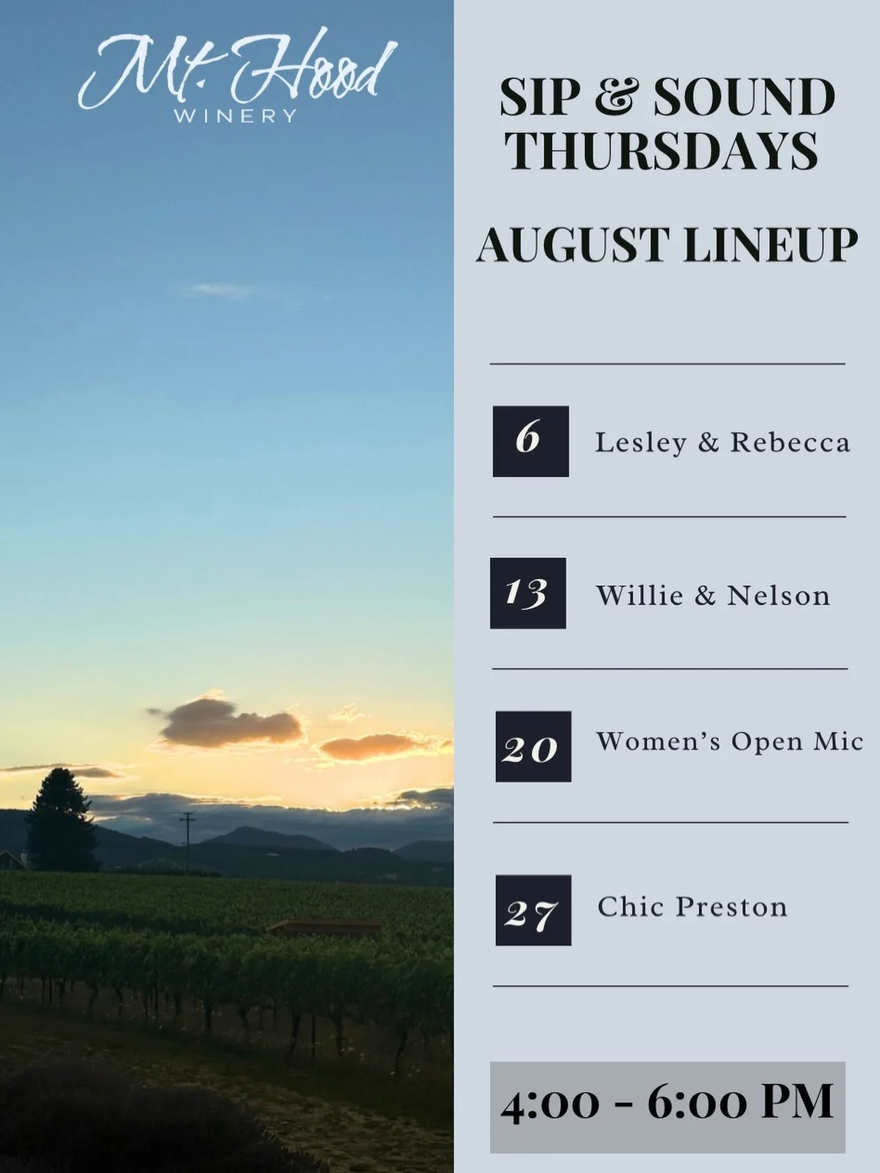 Sip &amp; Sound Thursdays are the perfect way to spend a summer evening! Join us every Thursday from 4:00&ndash;6:00 PM for live local music, award-winning wines, and breathtaking views of Mt. Hood. Grab a glass or bottle of your favorite wine. No re