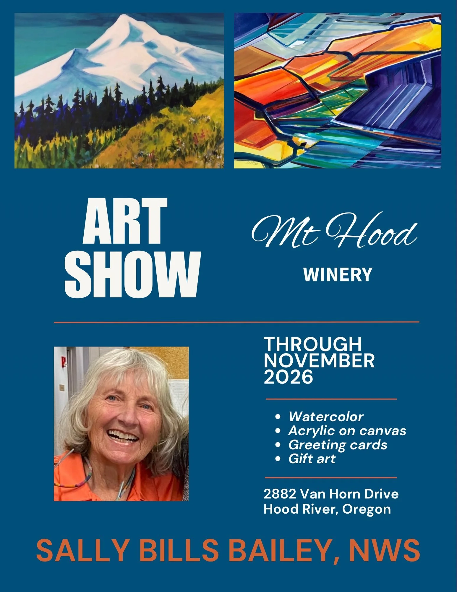 🎨🍷 Join us as we celebrate the work of Sally Bills Bailey on Wednesday, August 12th from 4pm - 6pm here at our tasting room. 

Spend the evening surrounded by beautiful Pacific Northwest-inspired artwork while enjoying a glass of wine, live music, 