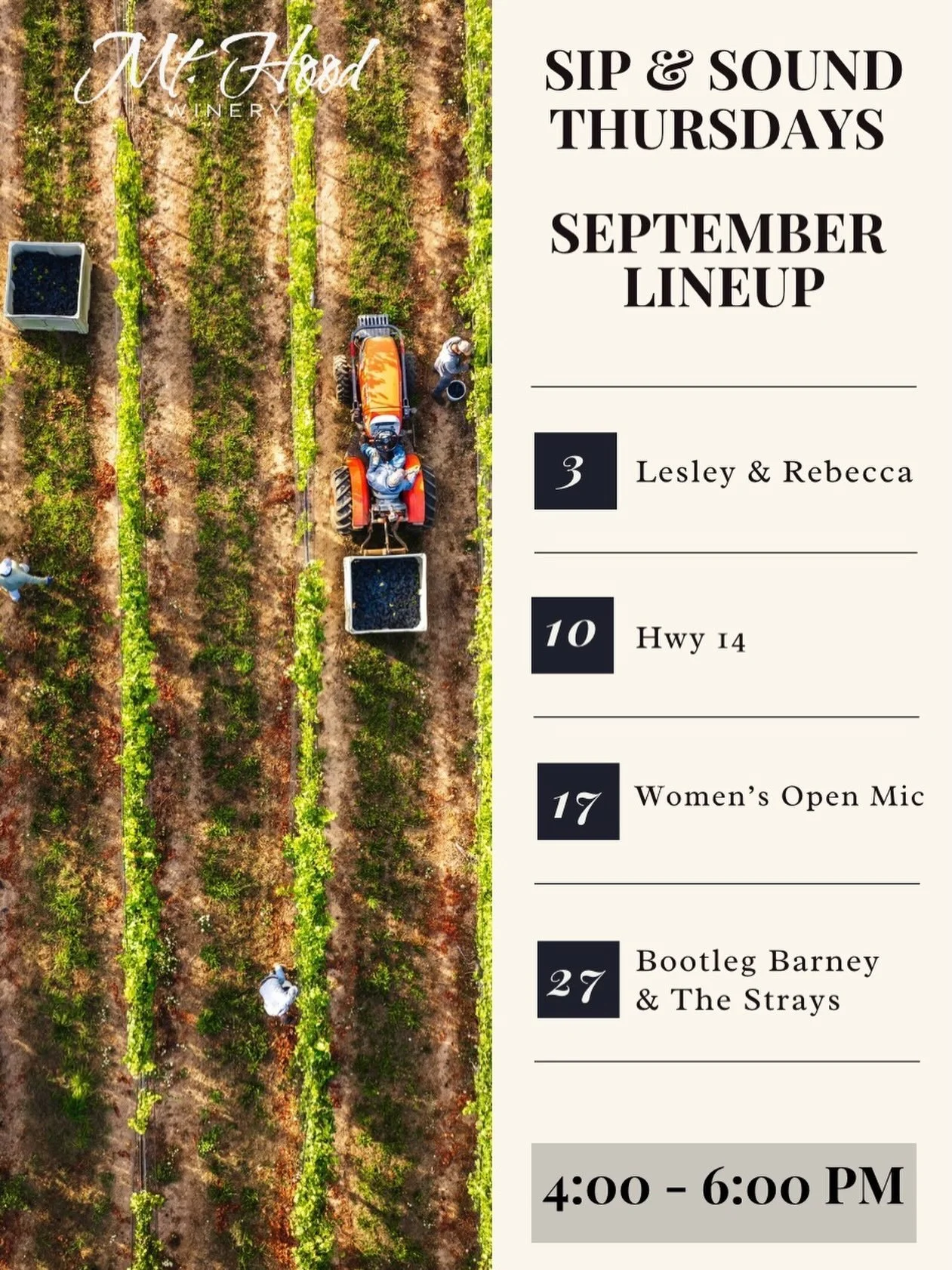 Our Sip and Sound September lineup is here! ✨ Enjoy live music every Thursday from 4pm - 6pm. We have some new and familiar artists this month that you won&rsquo;t want to miss! 🎶🍷