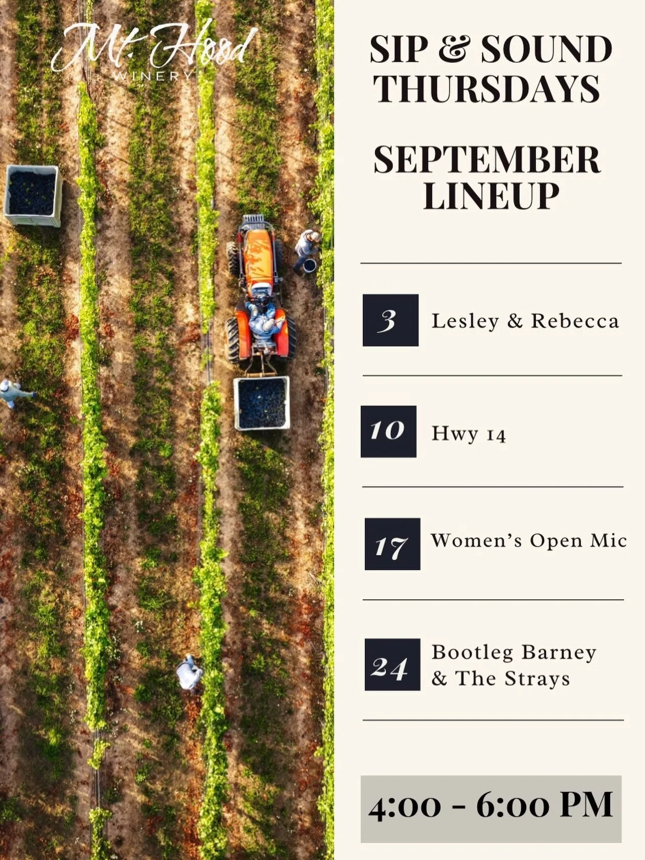 A little lineup update! 🎶🍷

We caught a date typo on our original Sip &amp; Sound lineup, so here&rsquo;s the corrected schedule! ✨

Join us every Thursday from 4&ndash;6 PM for wine, live music, and a good time on the patio. We&rsquo;ll see you so