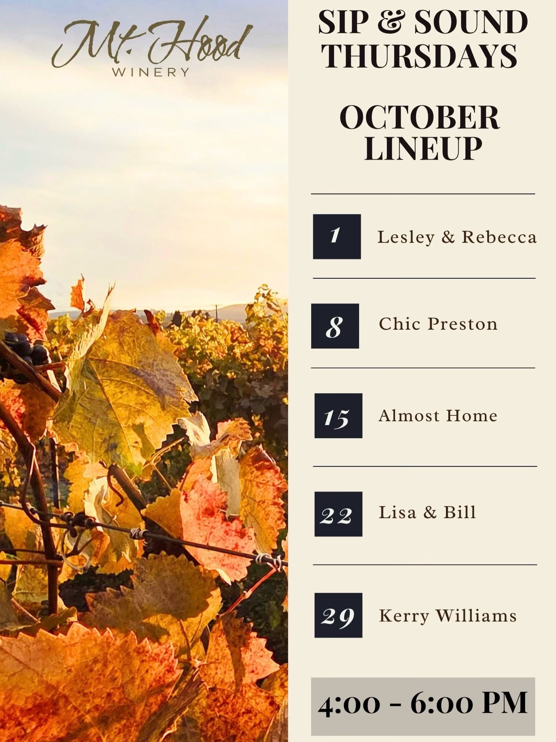 Our October Sip and Sound lineup is here! ✨ we will have music every Thursday from 4pm - 6pm here at our tasting room. Lesley and Rebecca will be kicking our month off tomorrow. We hope to see you all there! 🍷🎶
