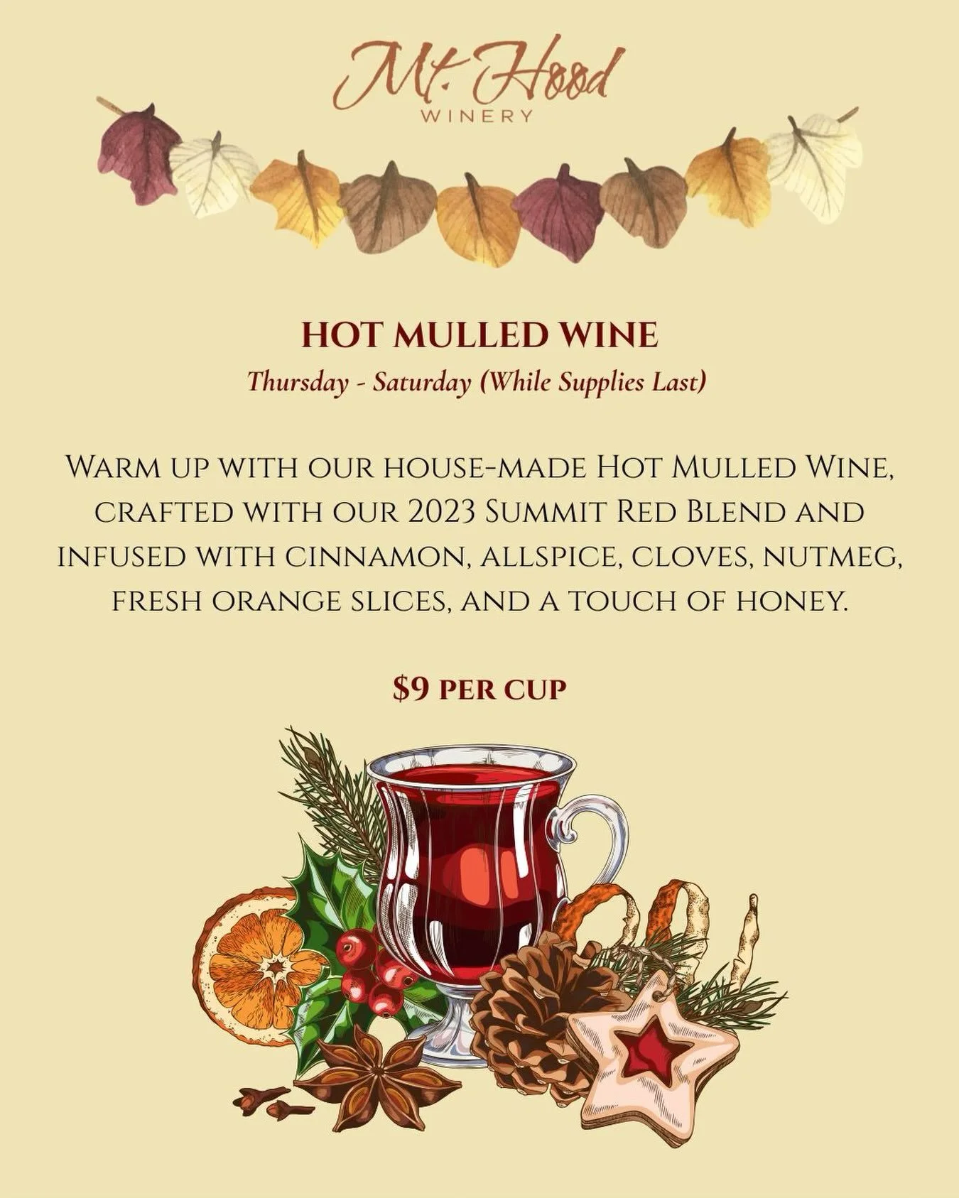 Cozy up with a cup of our house-made Hot Mulled Wine! Made with our 2023 Summit Red Blend, warming spices, fresh orange slices, and a touch of honey. ❤️

Available Thursday&ndash;Saturday for $9 per cup, while supplies last. Stop by, sip something se