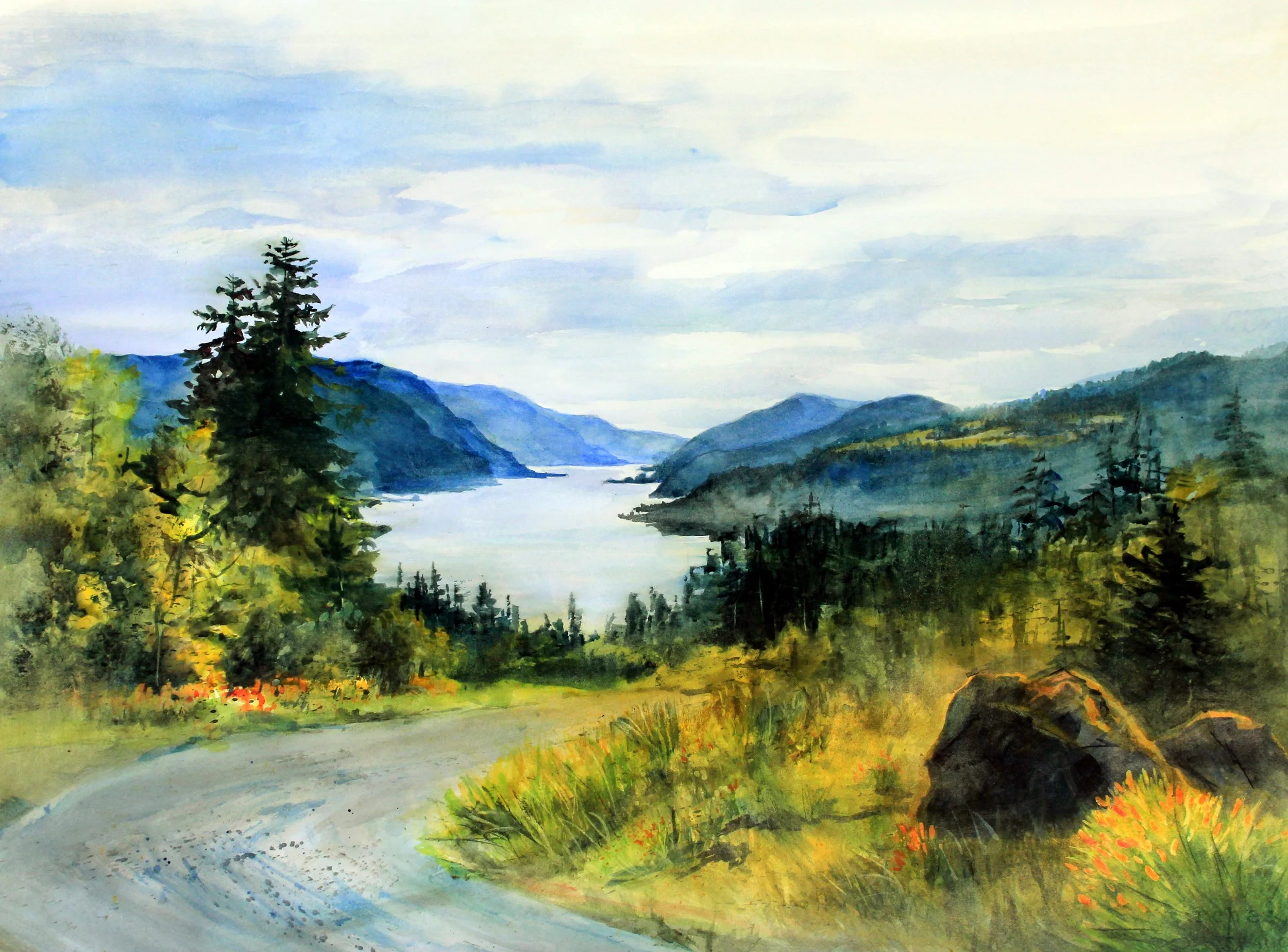 Watercolor painting of a scenic mountain landscape with a winding road, lush trees, a river, and distant rolling hills under a cloudy sky.