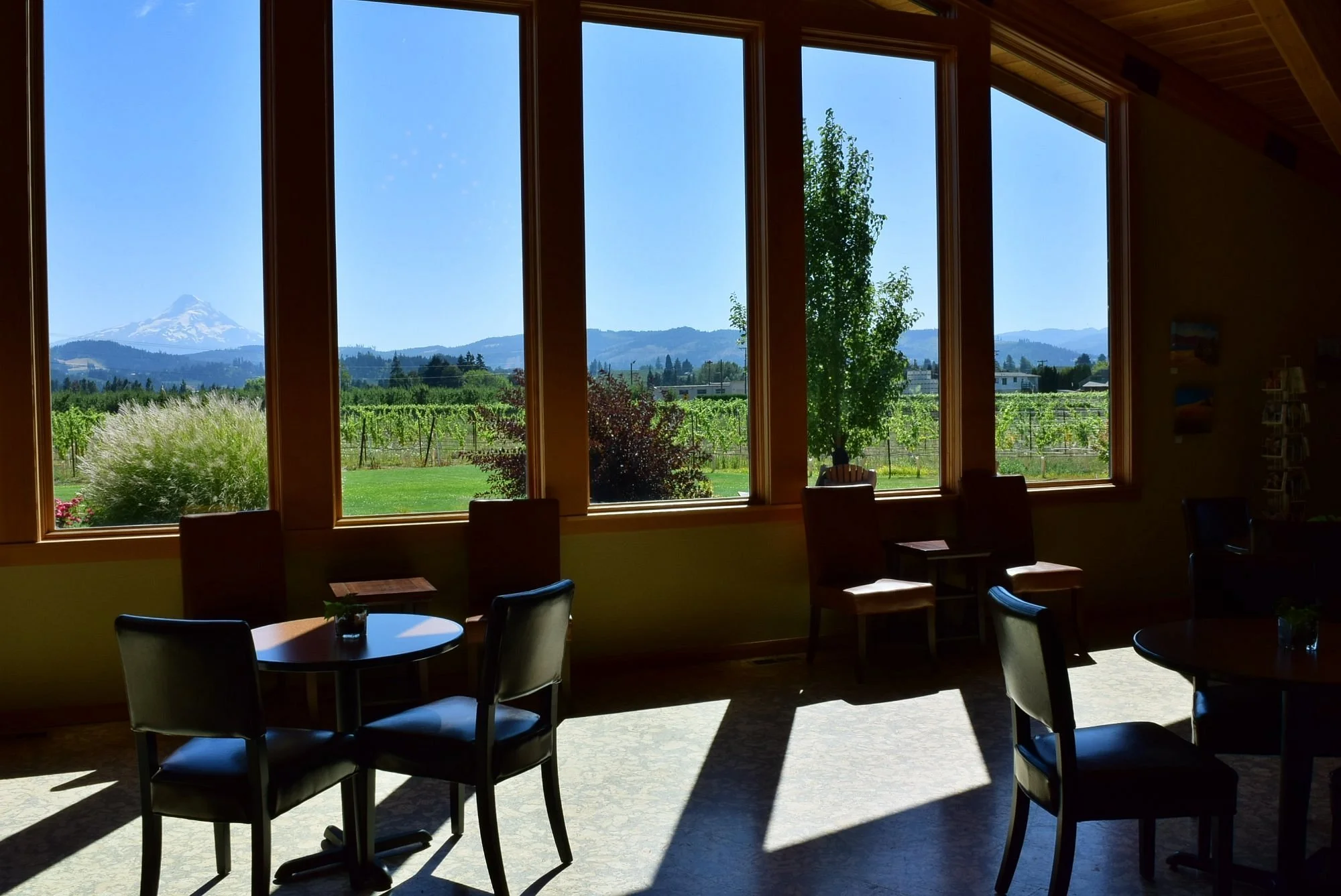 Interior of a room with large windows showing a view of Mt Hood Hood River wineries, Mt Hood views, Oregon Pinot Noir, Columbia River Gorge wine tasting, Fruit Loop wineries, dog friendly wineries Oregon, best wine patio Hood River, Mt Hood Winery.