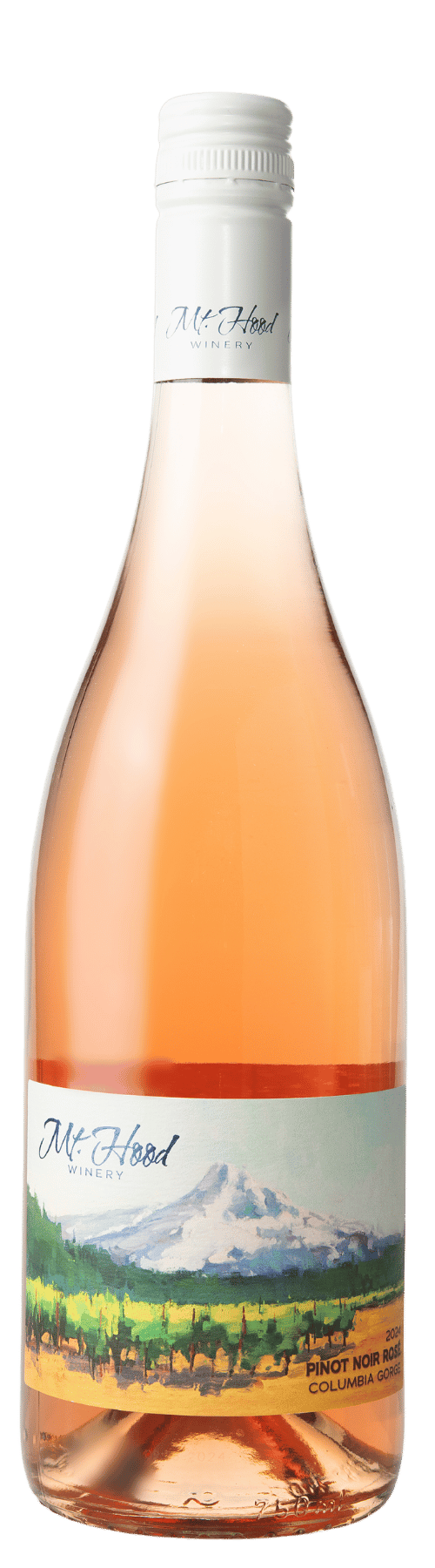 A bottle of Mt. Hood Winery Pinot Noir Rosé wine with an illustration of Mt. Hood and a vineyard on the label.