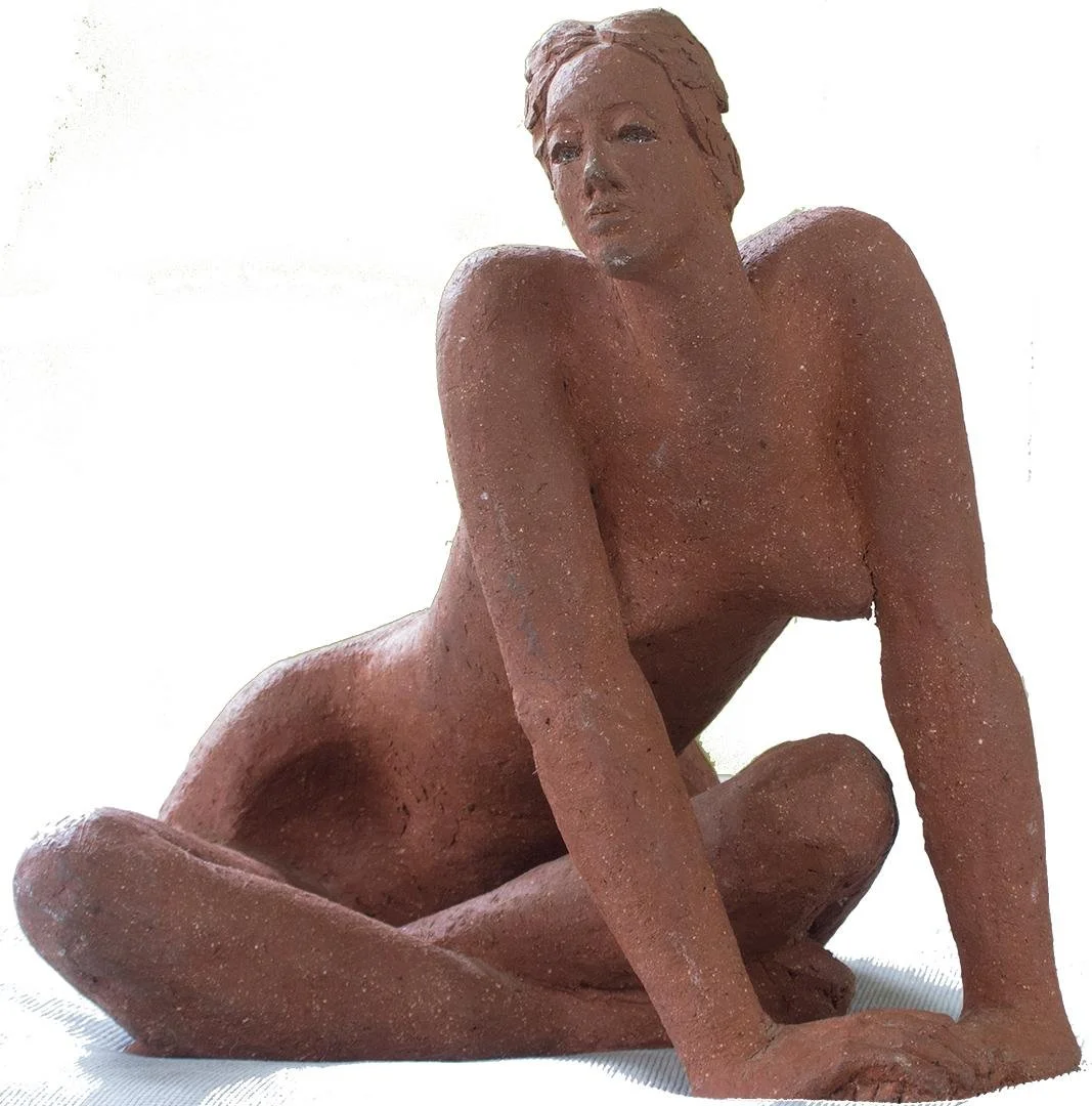 Ellen Tulin,   (orange lady sitting cross legged),  11" x 12" x 13"
