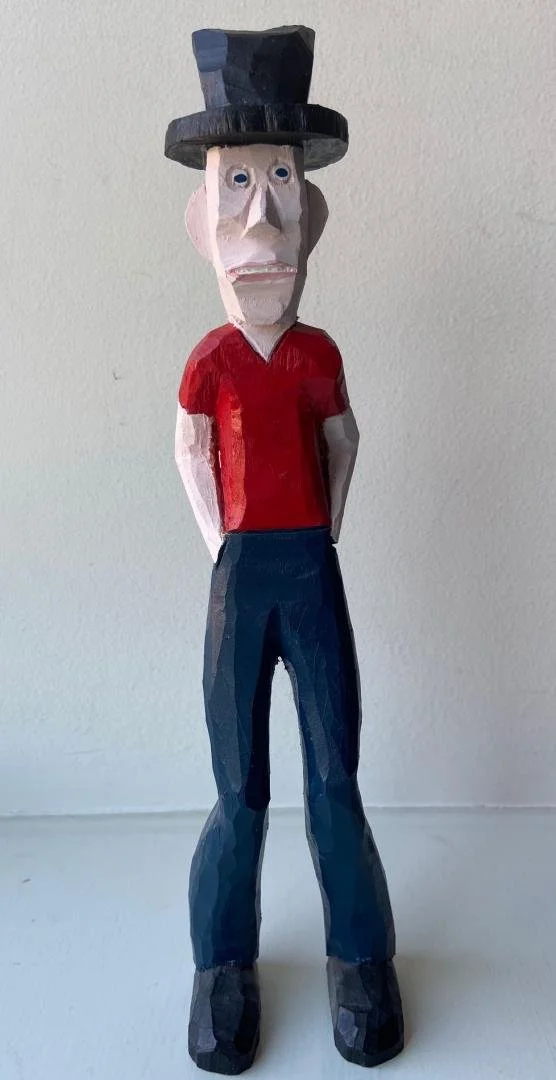 GEG,   (Funny Carved Wood Man with Hat),  11" tall