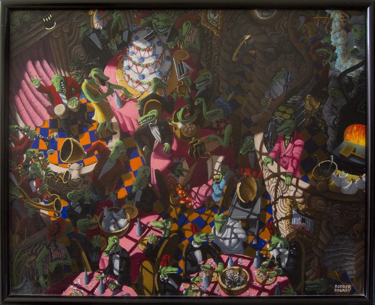 Rodger Roundy,   Nightlife at the Chicken Grotto,  21" x 17" (framed)