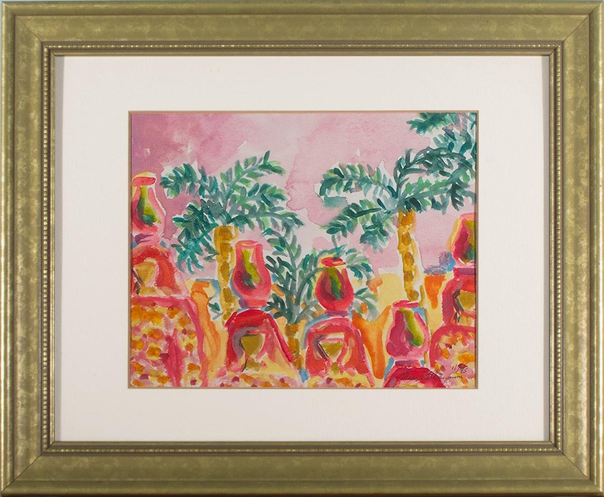 Mona El-Bayoumi,   Pink landscape with green trees,  16.5" x 13.5"