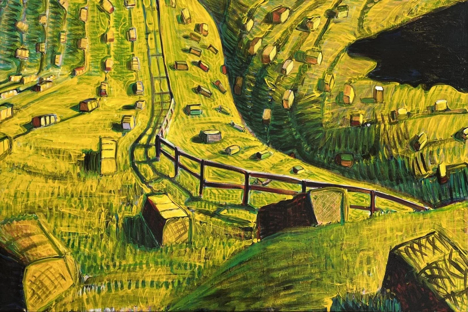 Peter Steiner,  (yellow hay bales and fence),  32.4" x 48.5"