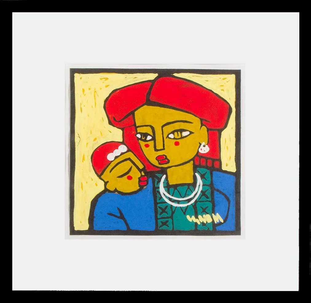 Mona A. El-Bayoumi,   (madonna and child with red hair and lips, yellow background),  13.5" x 13.5"