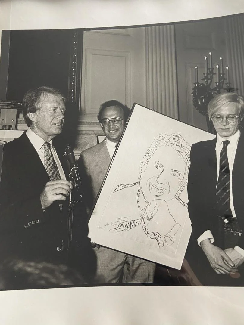 Rosalind Fox Solomon,  The White House, Presentation of Inaugural photo. President Carter, Tom Beard (?) and Andy Warhol,  15" x 15"