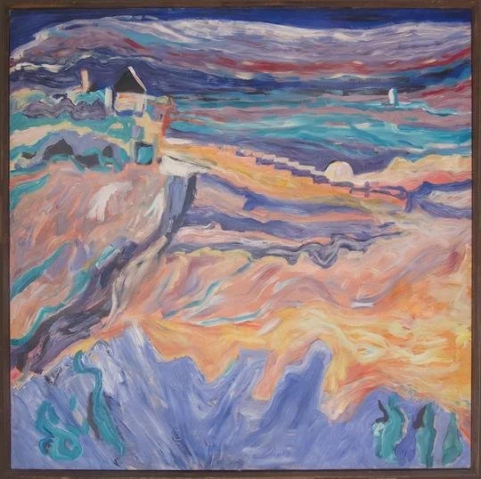 Large abstract pink, blue, orange painting,  51.5" x 51.5"