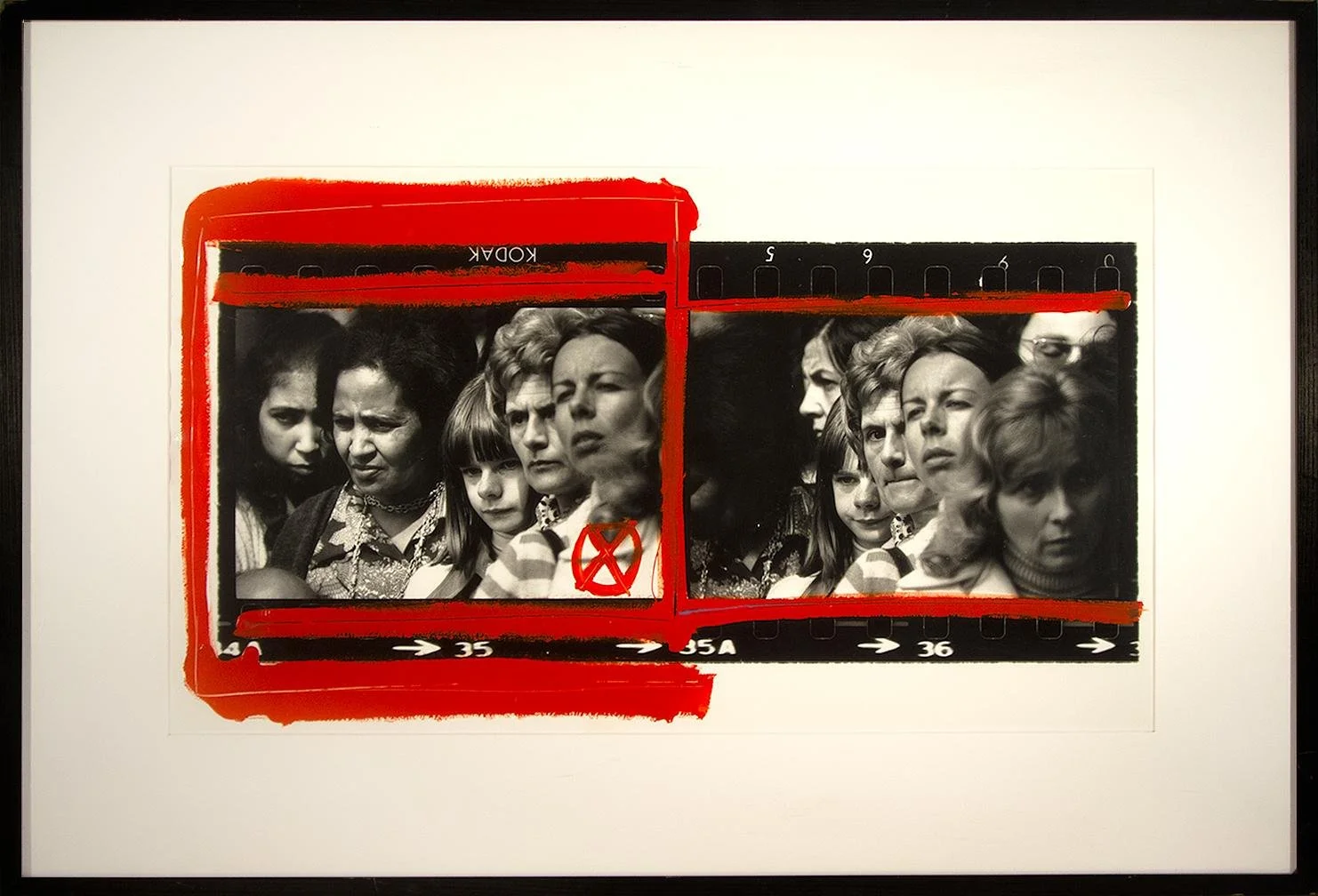 William Klein,   (photo collage: two groups of women outlined in red),  25" x 19"