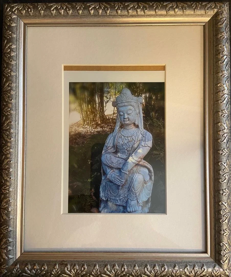 Unknown,  (photo of blue buddha statue with silver frame),  12" x 10"