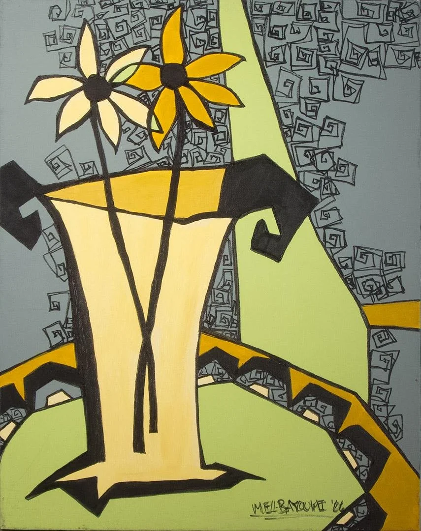 Mona El-Bayoumi,   (yellow vase w flowers and gray background),  16" x 20"