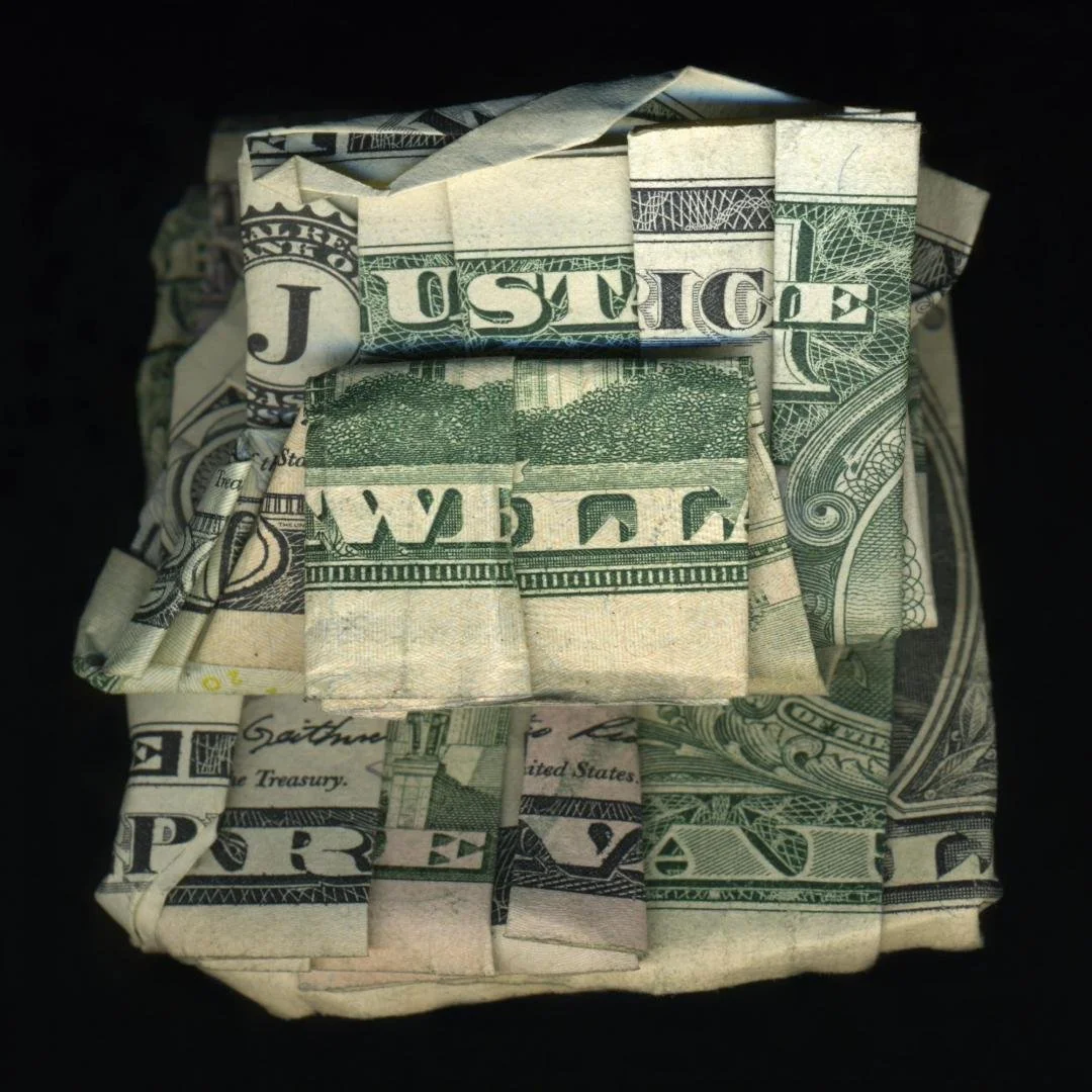 Dan Tague (now Charbonnet),  Justice Will Prevail,  39.5" x 39.5"/frame - 42.75" x 42.75"