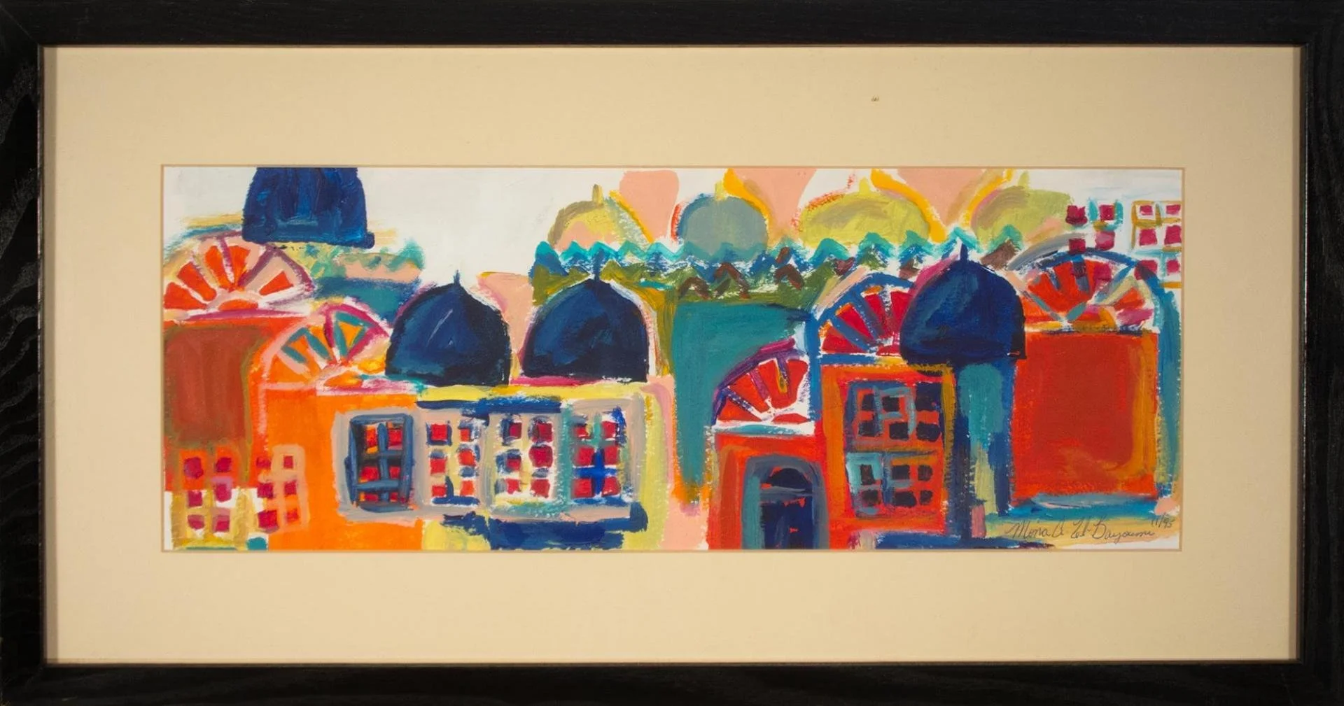 Mona El-Bayoumi,   (cityscape with orange and blue),  21" x 11"