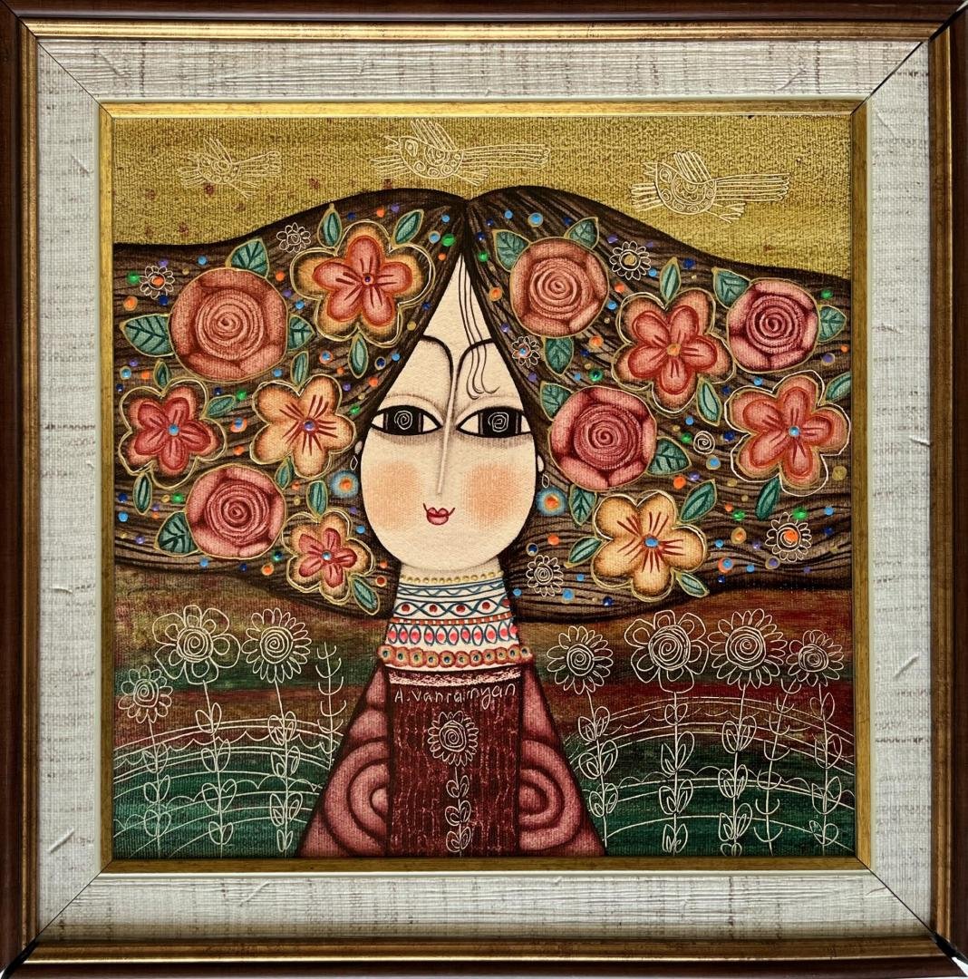 unknown,  (from Armenia smiling woman with flower hair),  15" x 15" framed