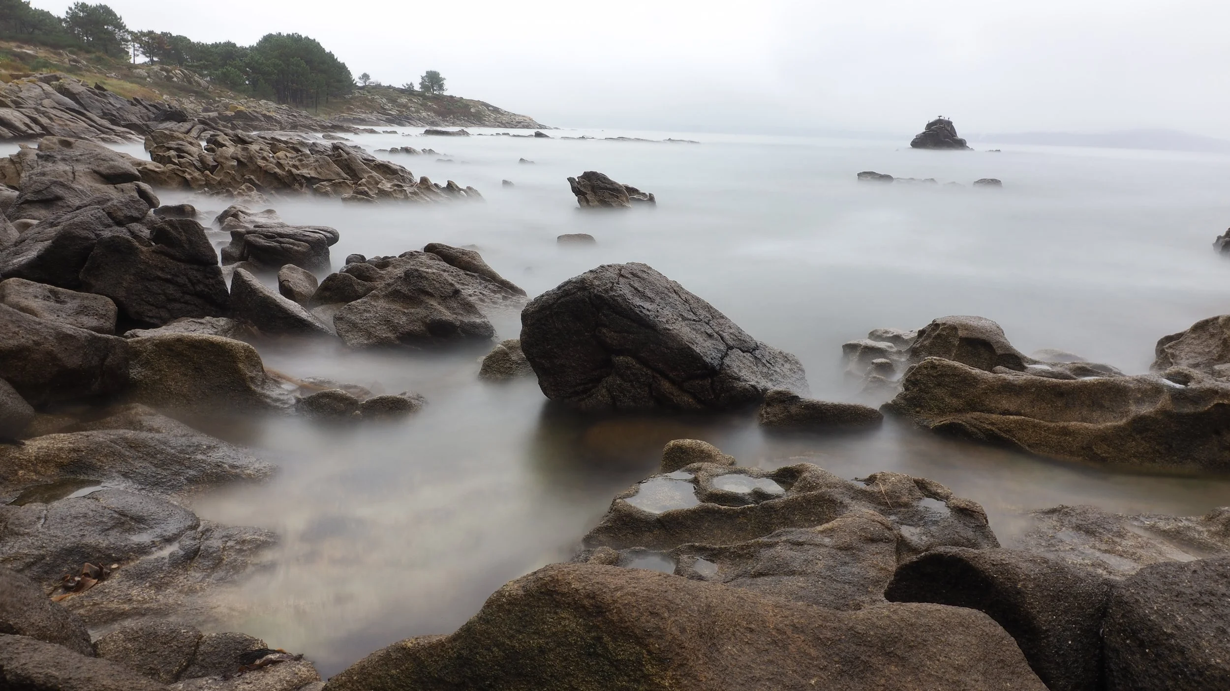 A rocky coastline with large boulders and rocks along the shoreline, with misty water and a distant view of hills and trees under an overcast sky.