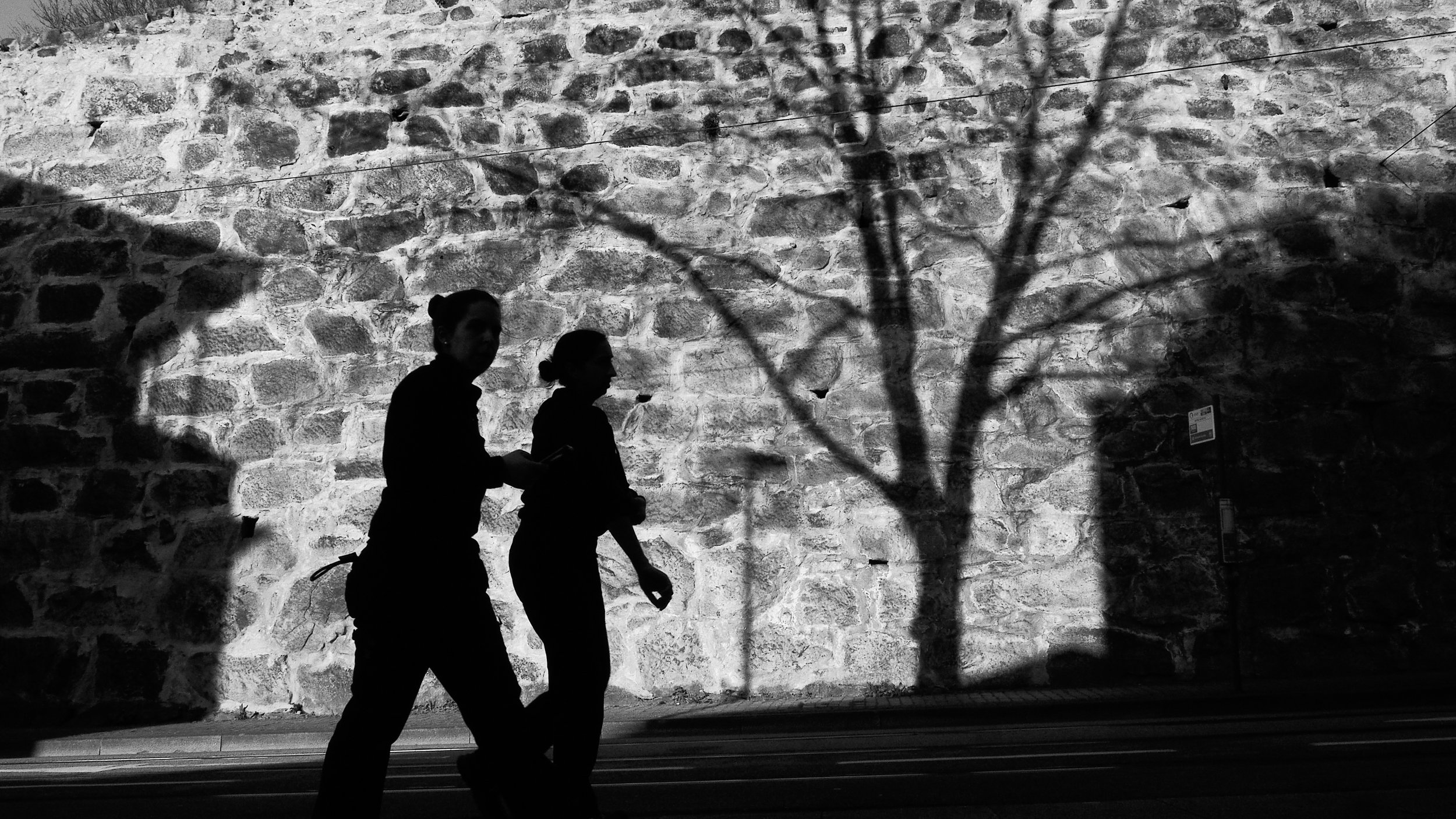 Two women walking along a sidewalk beside a stone wall with a shadow of a tree cast on it.