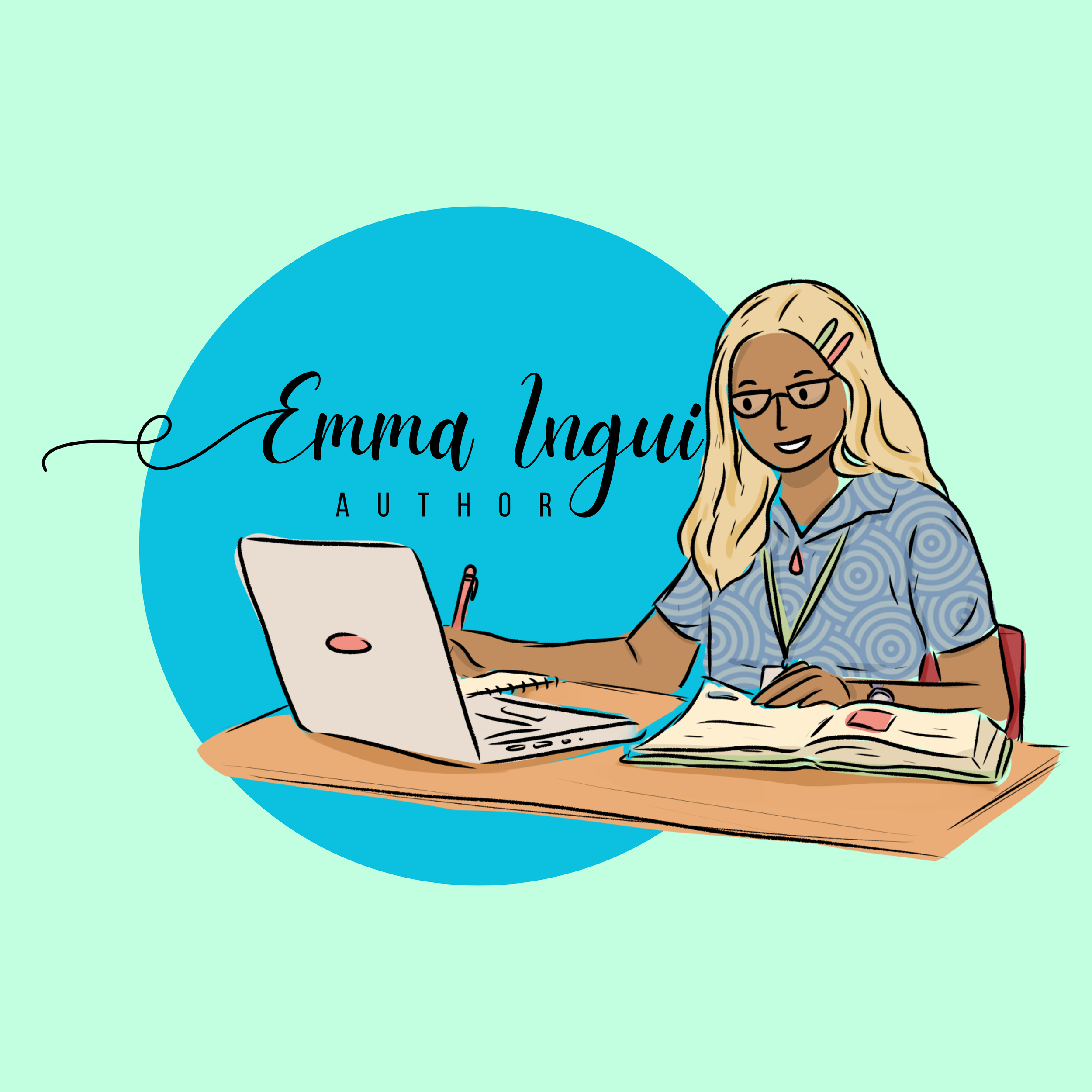 Illustration of a woman with blonde hair, glasses, and a blue shirt, sitting at a desk with a laptop and open book, in front of a blue circle background with the text 'Emma Ingui, Author'.