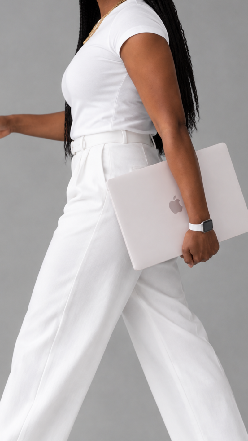 Cheri wearing white outfit walking with laptop in hand