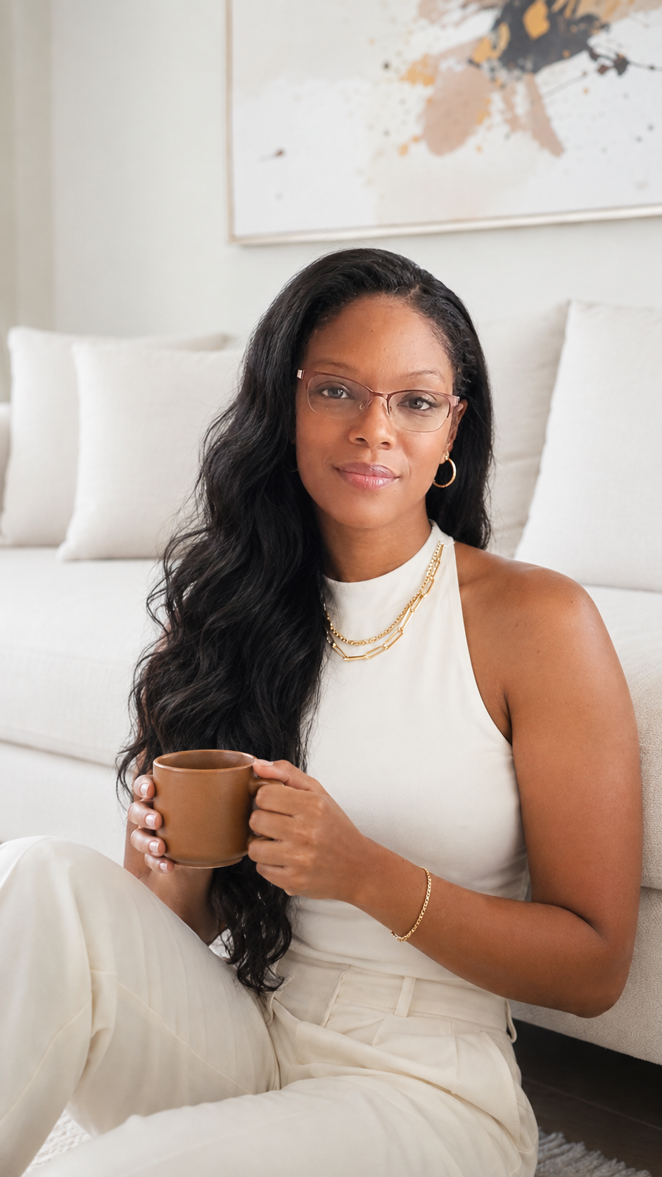 Sociel Muet Atelier - Founder, Cheri is sitting on her Living Room floor smiling at the camera and holding a brown cup of cappuccino