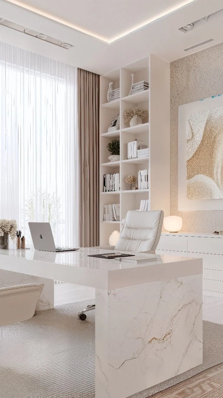 Aesthetic white office with apple laptop and beige colored decor