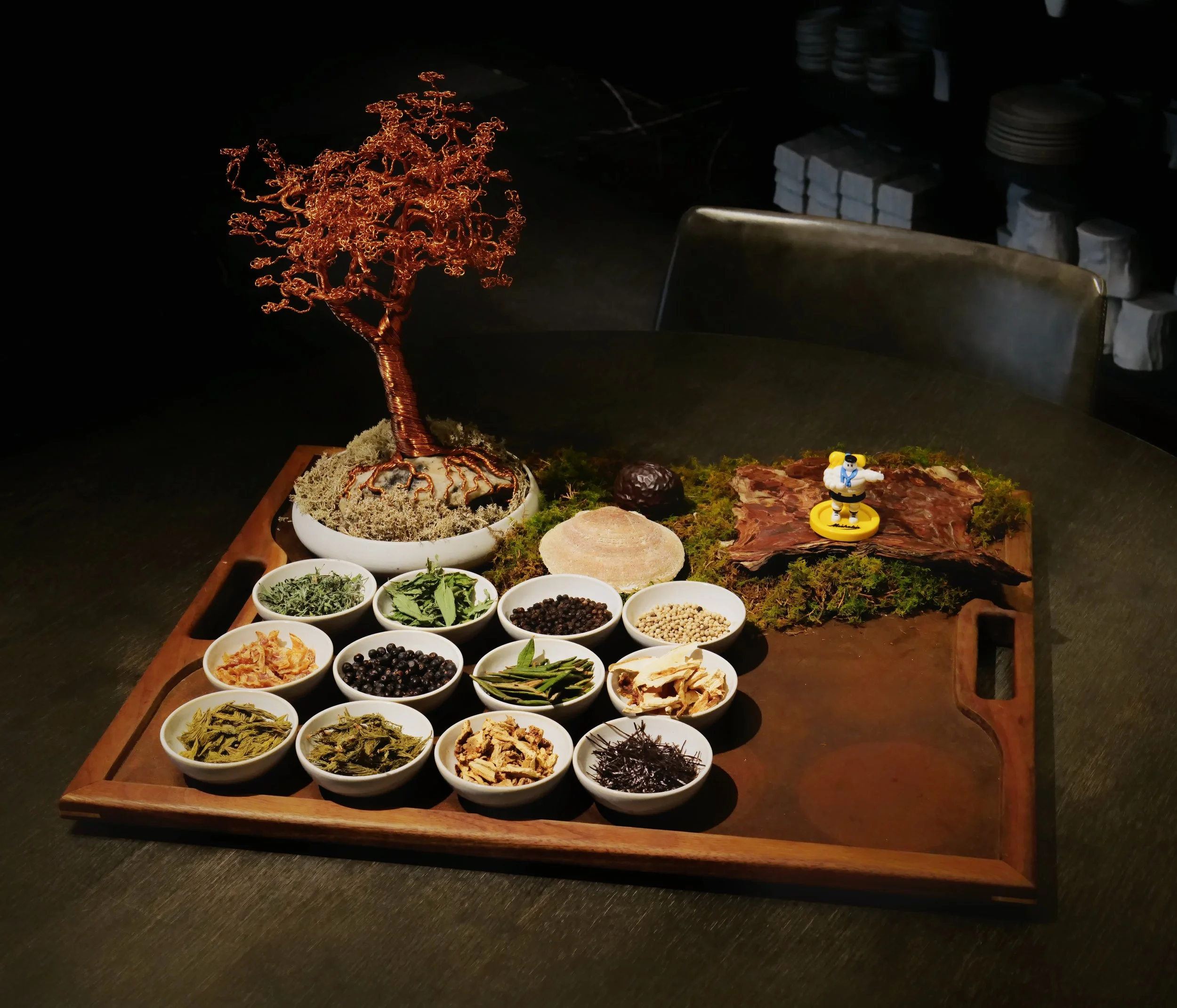 A wooden tray with various bowls of herbs, spices, and ingredients, a small bonsai tree, and a Toad figurine on a moss bed.