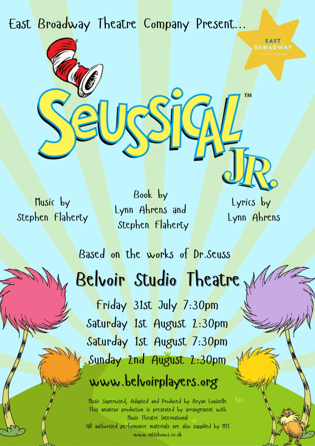 Colorful poster advertising a stage production of 'Seussical Jr.', featuring Dr. Seuss icons like a red and white hat, whimsical trees, and a yellow star with the East Broadway Theatre Company logo.