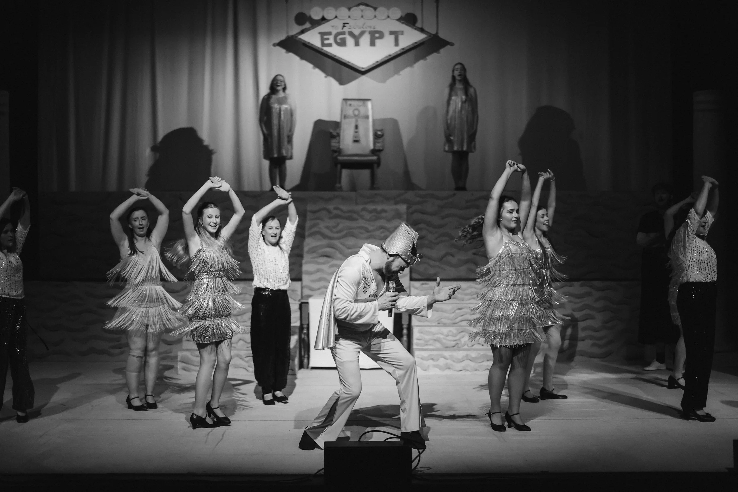 Black and white image of pharaoh from Joseph and the Amazing technicolor dreamboat by Enniskillen Light Operatic