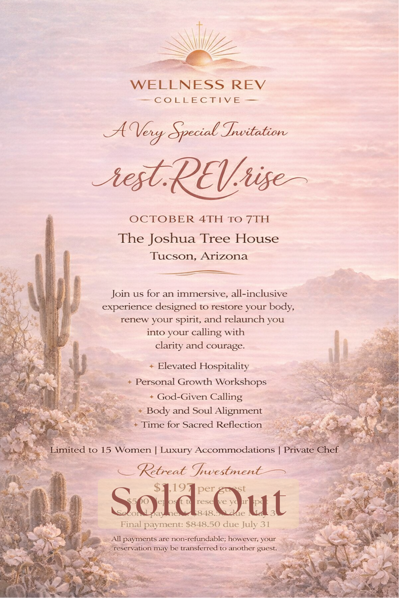 Retreat invitation with desert landscape background featuring cacti and flowering bushes, event details for wellness retreat in Tucson, Arizona, from October 4th to 7th, marked as sold out.