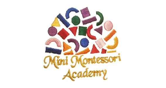 Colorful embroidered logo of Mini Montessori Academy with various geometric shapes and text.