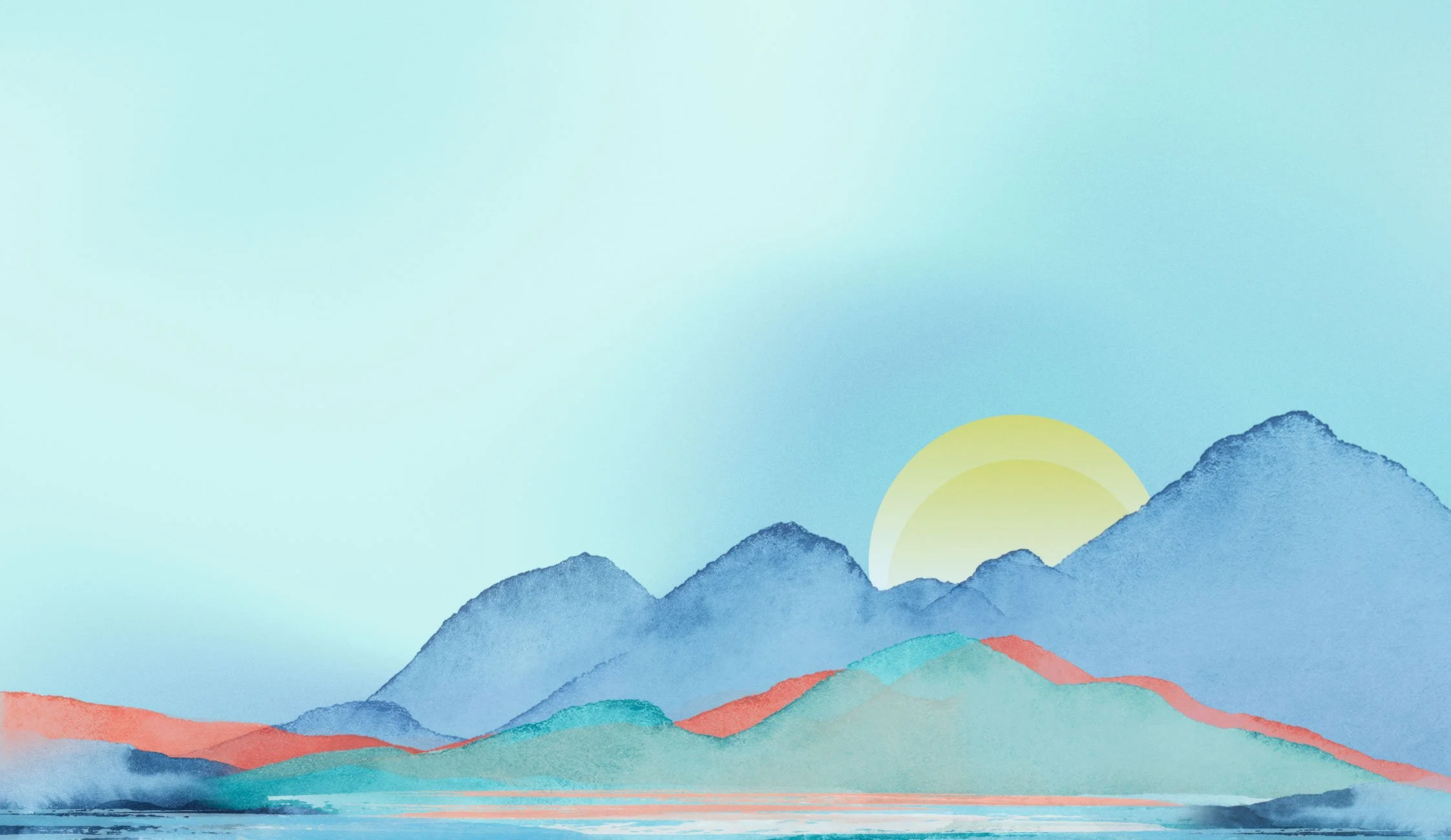 Watercolor painting of mountains with a rising or setting sun in the background and a body of water in the foreground.