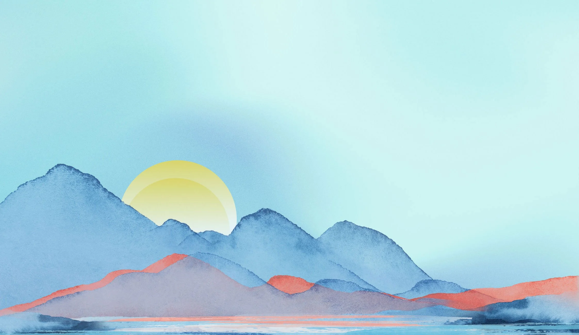 A watercolor painting of mountains with a yellow sun setting behind them, with a body of water in the foreground.
