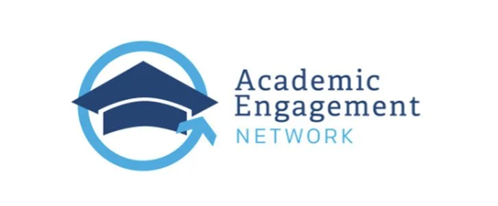 Logo for Academic Engagement Network featuring a stylized graduation cap and an arrow wrapped around a circle.