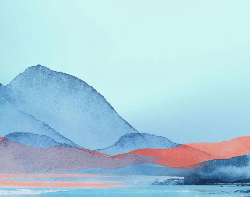 Watercolor painting of blue mountains with a yellow sun rising behind them, and colorful hills in the foreground.