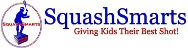 Logo for SquashSmarts featuring a child holding a squash on a tennis court with the tagline 'Giving Kids Their Best Shot'