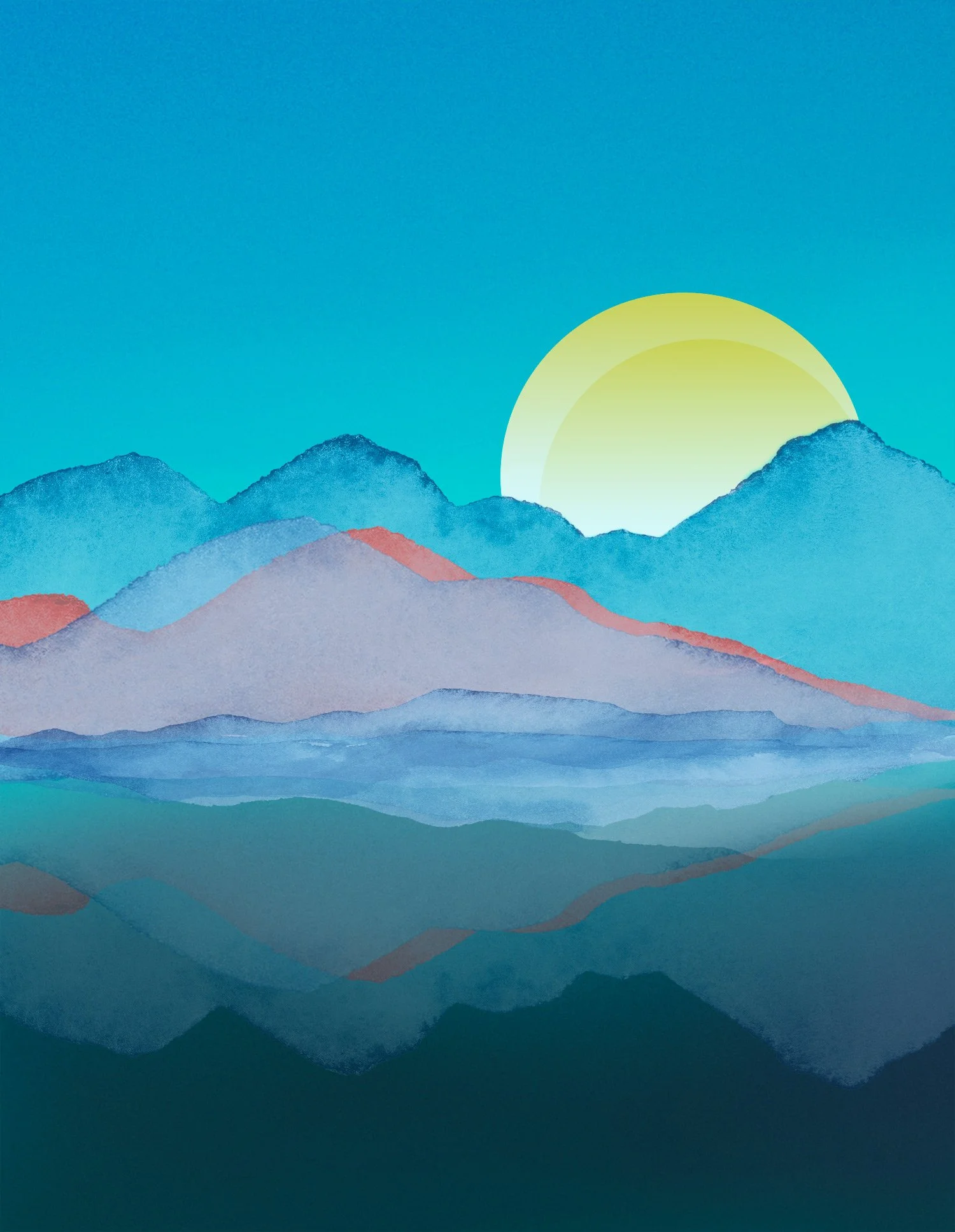 Abstract landscape painting of a sunrise over mountains with vibrant colors and reflection in water