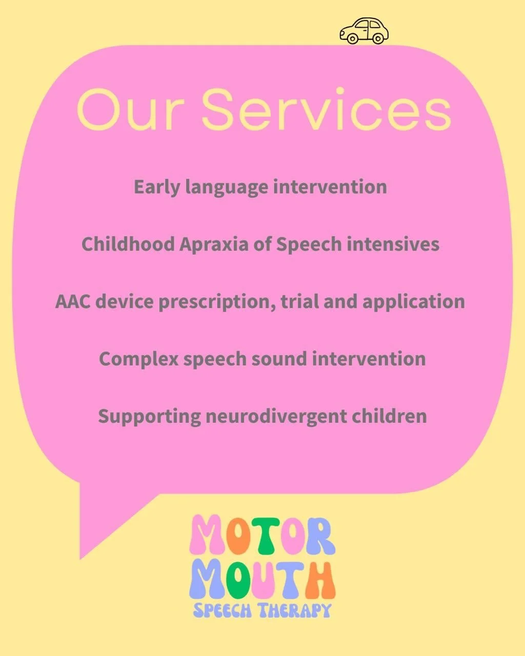 ✨ OUR SERVICES AT MOTOR MOUTH ✨ use the link in bio or enquire via our website 💭💬🗯️ #ndis #earlyintervention #perthalliedhealth #perthspeechies #perthspeechpathologist
