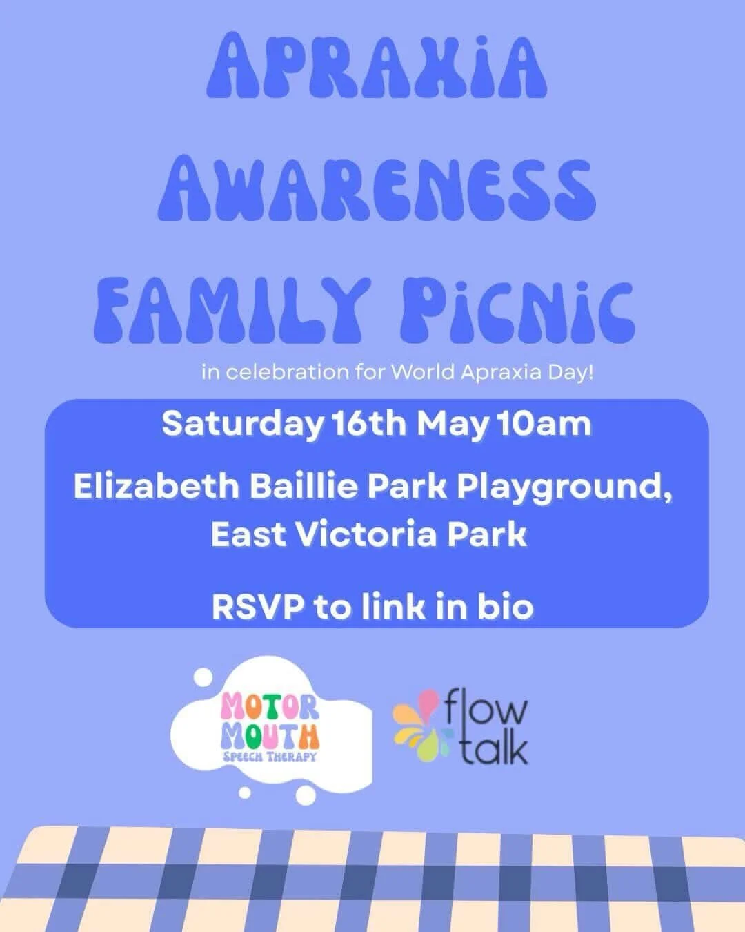 With World Apraxia Day approaching in May, @flowtalkspeech and @motormouthspeechtherapy will be hosting a family friendly picnic, bringing together families navigating their unique Apraxia journey 💙✨🧺 

Please join us on SATURDAY 16TH OF MAY! 

All