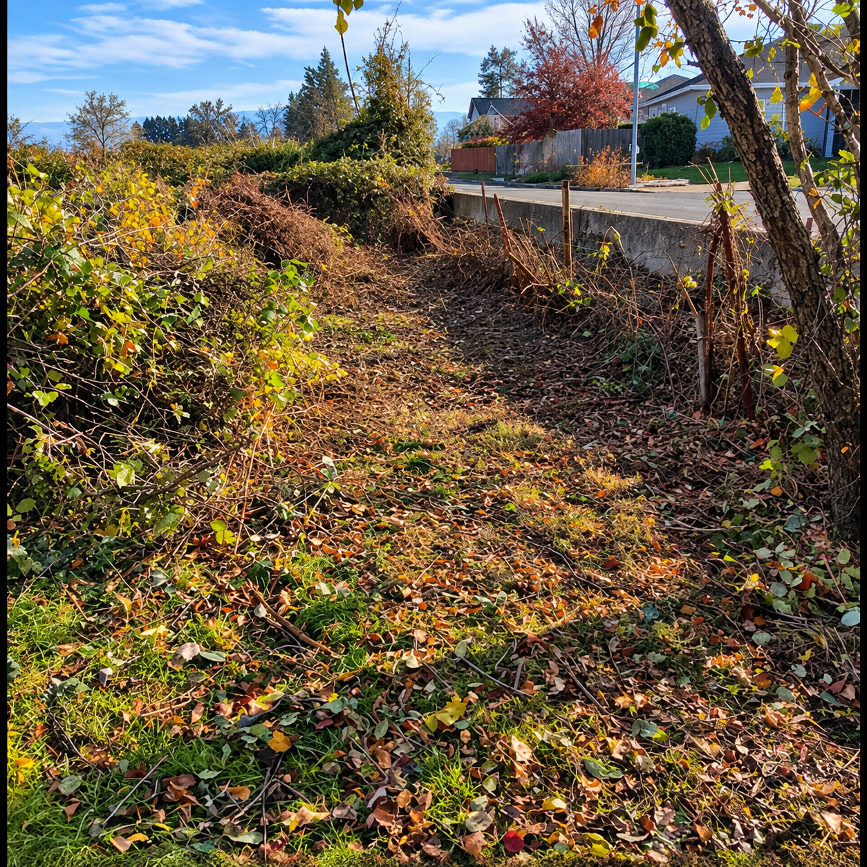A street scene with a sidewalk, residential houses, and autumn trees with colorful leaves. In the foreground, there is a patch of ground covered with fallen leaves, twigs, and some green grass.