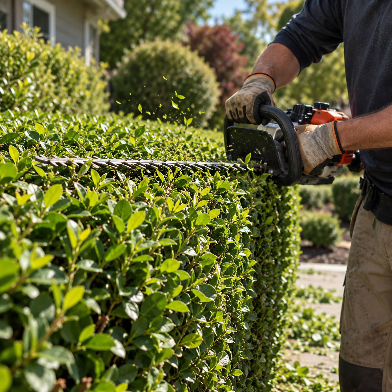 Person using a hedge trimmer to trim bushes in a garden.