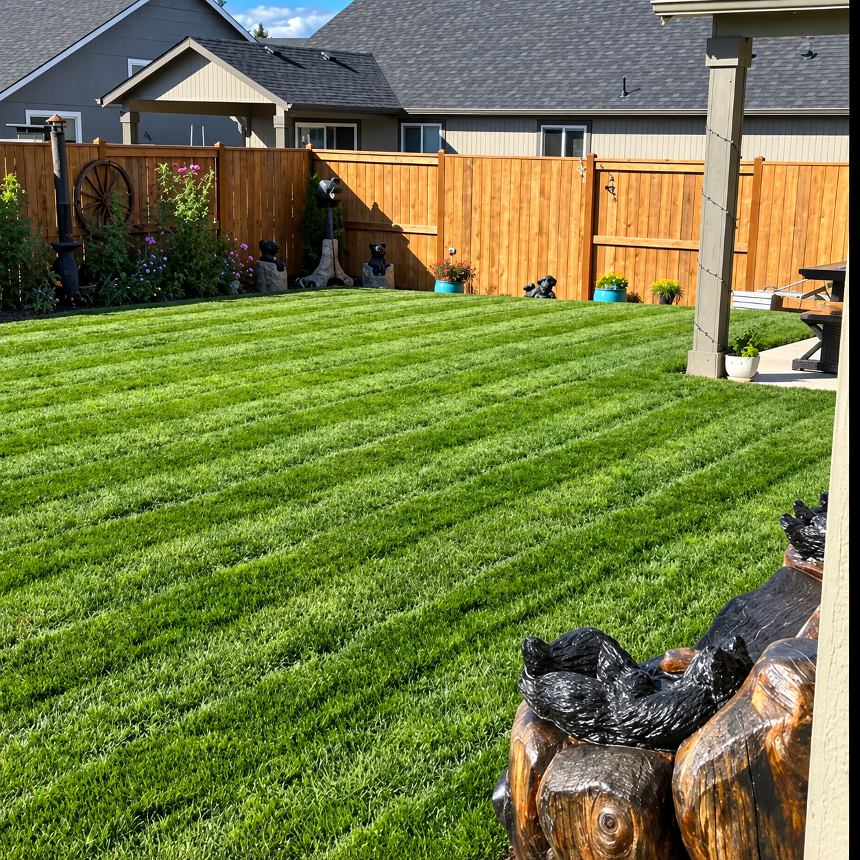 Backyard with a freshly mowed green lawn, wooden fence, potted plants, and a small sculpture of a black cat resting on a wood pile, under a partly cloudy sky.