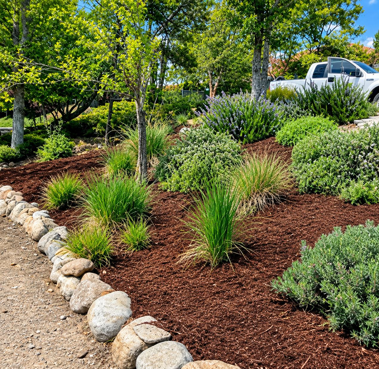 A landscaped garden with a variety of green plants, small trees, and shrubs, bordered by a line of large rocks, with a white pickup truck partially visible in the background among trees and foliage, under a blue sky.