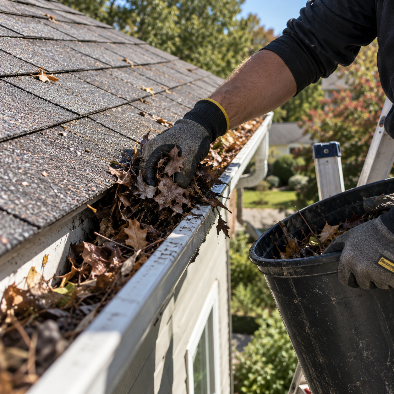 Person wearing yellow gloves clearing fallen leaves from a roof gutter.