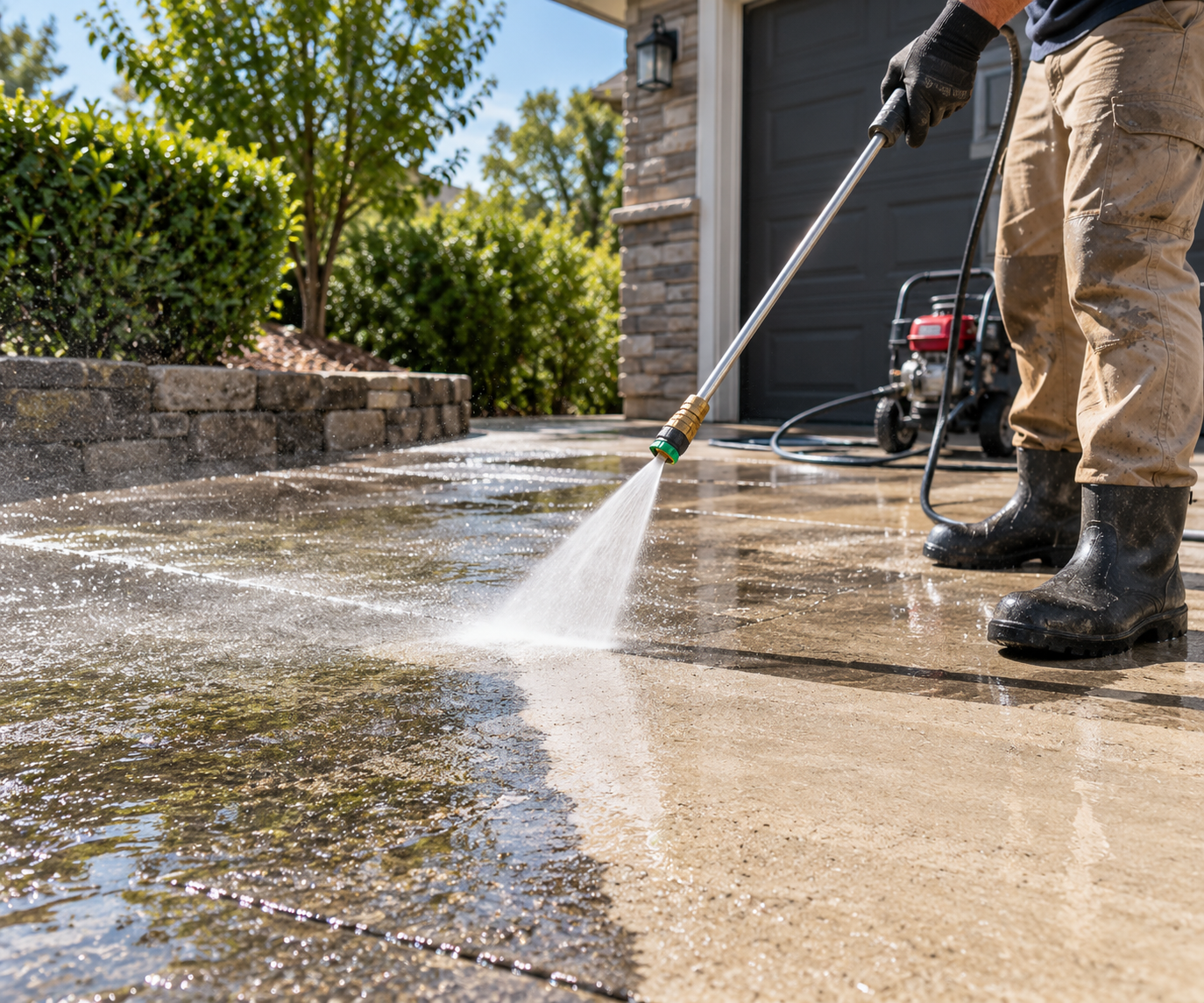 Person pressure washing a paved outdoor area with a hose, wearing black boots and dark clothing.