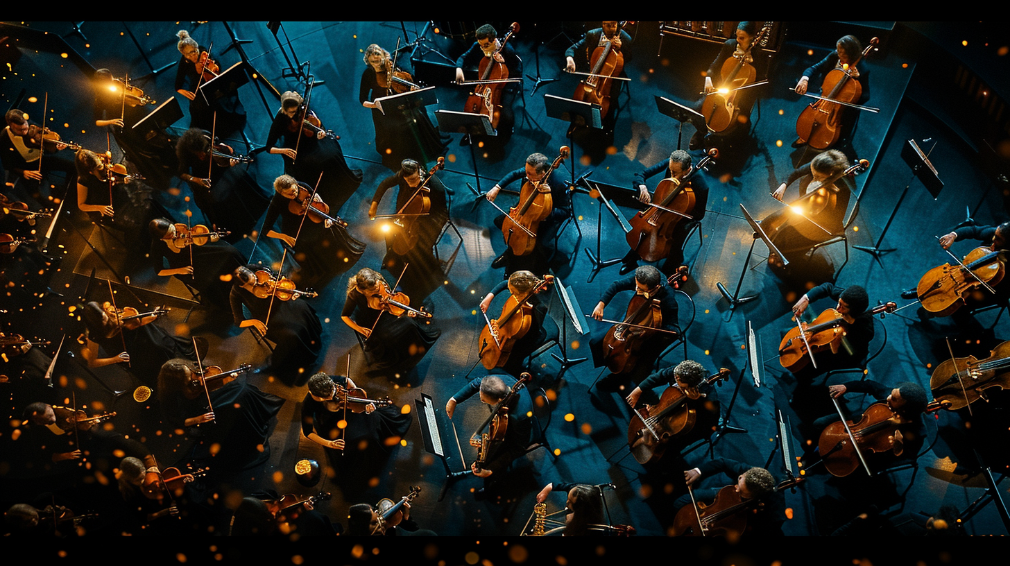 An overhead view of a classical orchestra performing on stage, with musicians playing violins, cellos, and other string instruments, illuminated by stage lights.