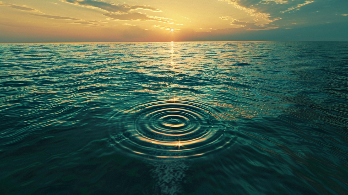 Sunset over the ocean with gentle waves and ripples, and a prominent ripple in the water in the foreground
